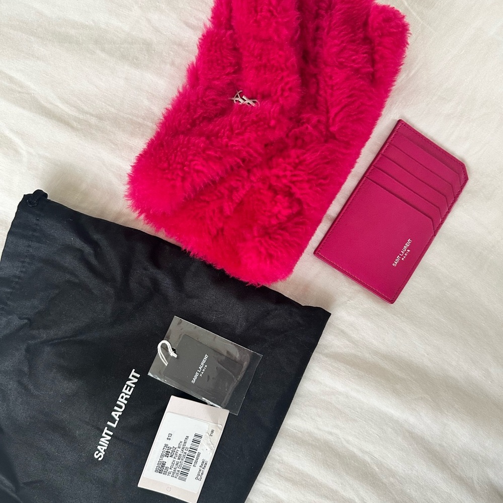 Saint Laurent Pink Shearling LouLou Clutch and Card Holder